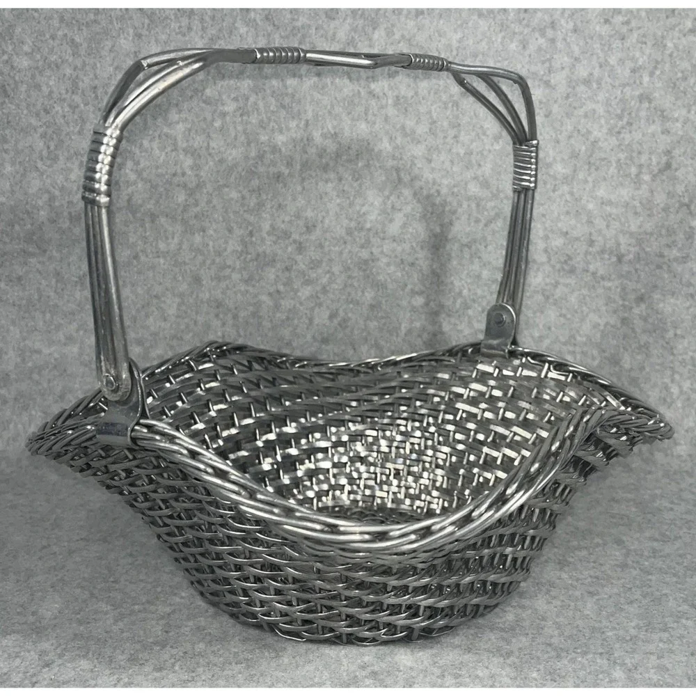 VTG‎ Silver Tone Metal Woven Wire Basket With Fold Down Handle Decor Centerpiece